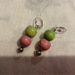 Pink & Green Bead Drop Earrings with Silver Accent